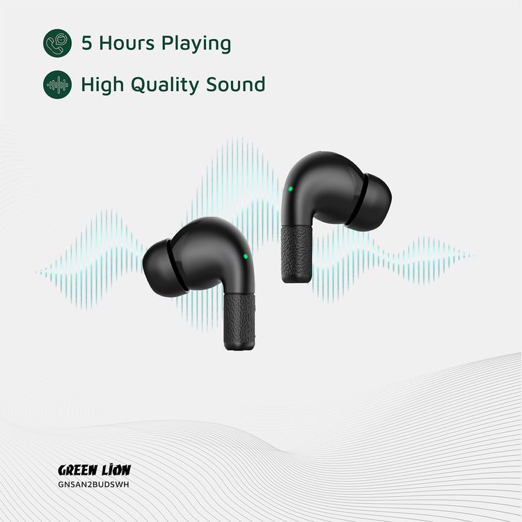Green Lion Santorini 2 True Wireless Earbuds with Touch Controls, Up to 5 Hours Play Time, ABS Material, 2500 Hours Standby Time, 13mm Speaker Size, ENC Dual Microphones, High-Quality Sound, Voice Assistant - Black