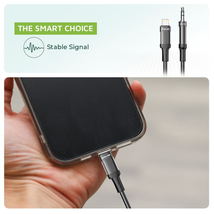 Green Lion Lightning to AUX Braided Cable with 10000 Bends Lifespan, 1m Cable Length, Stable Signal, Copper Core, Transparent + Braided - Black