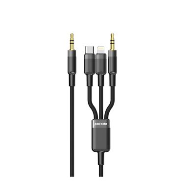 Porodo Multi-Device AUX 3.5mm Audio Cable with Type-C & Lightning & AUX Connector, 1.2m Cable Length, Aluminum Alloy & Braided Wire Material, Tangle Free - Black
