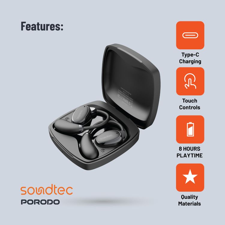 Porodo Soundtec Aero Tune Earbuds with  Touch Controls, HiFi Stereo, Crisp Microphone, Rich Bass, Up to 10m Transmission Range, Compact and Lightweight Design - Black