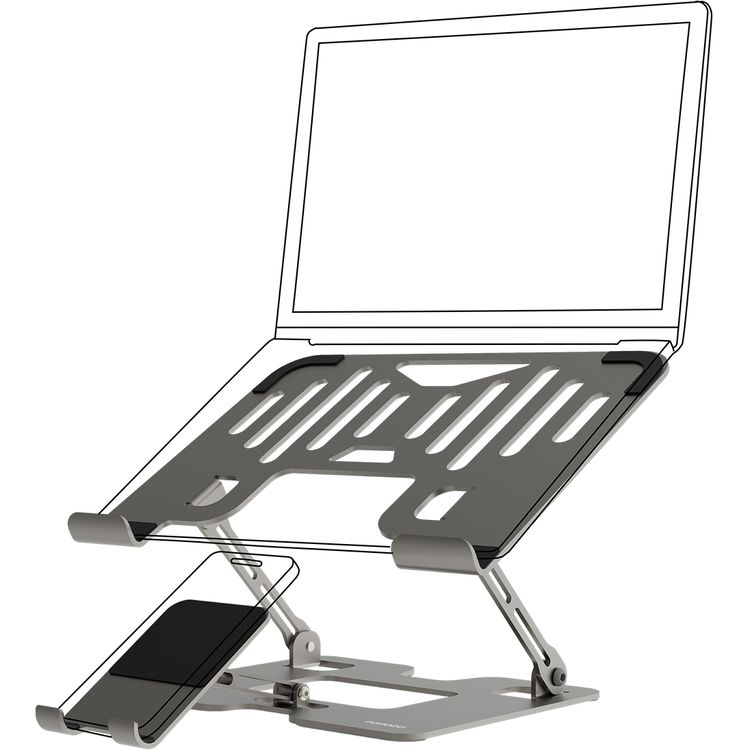 Porodo Smart Folding Multi-Device Stand with Phone Holder, Carbon Steel & Silicone Rubber Material, 10-17" Devices Compatible, Adjustable Height & Angle, Folding Design, Non-Slip & Secure - Silver