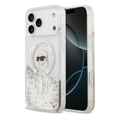 Karl Lagerfeld MagSafe Liquid Glitter Case with Karl Head for iPhone 17 Pro, Drop Protection, Easy Snap-On, Slim & Lightweight Design, Sustainable Packaging, Comfortable Grip - Transparent