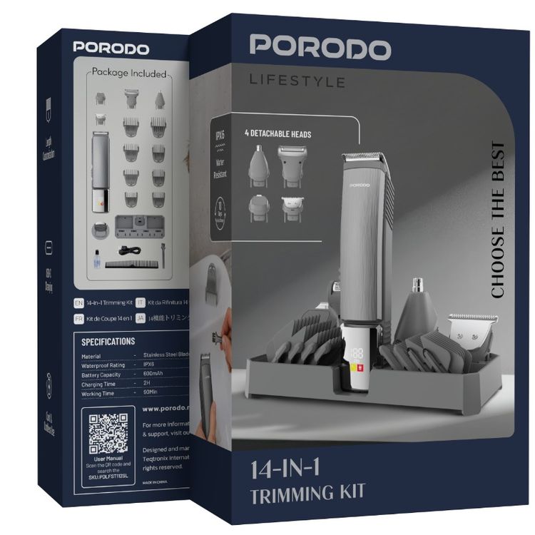 Porodo Lifestyle 14-in-1 Trimming Kit with IPX6 Waterproof Rating, Length Customization, Cord & Cordless Use,  600 mAh Battery Capacity - Silver 
