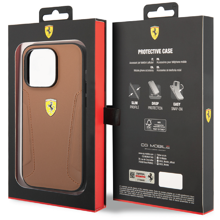 Ferrari Leather Case With Hot Stamped Sides & Yellow Shield Logo - iPhone 14 - Camel