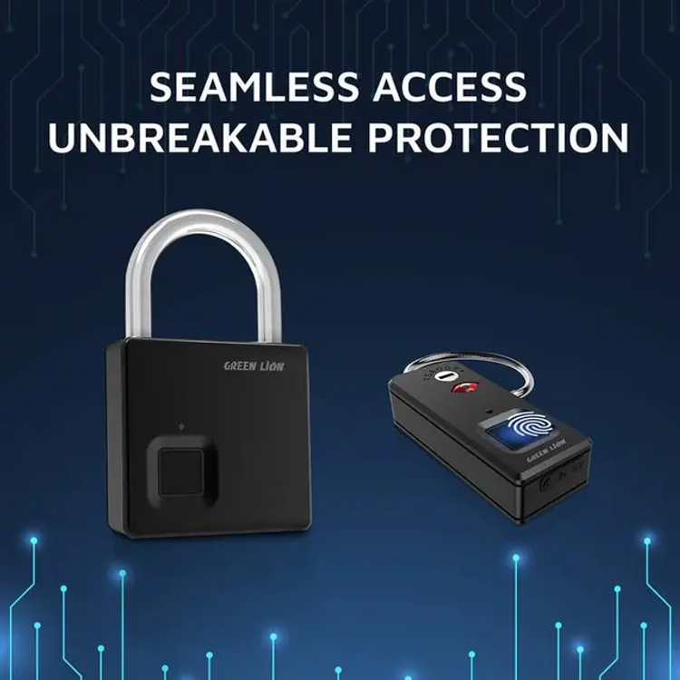 Green Lion Fingerprint Padlock, High-Teach Chip, IP65 Waterproof, Anti-Theft Protection, 10 Fingerprint Storage, Fingerprint 0.5s Unlock - Black