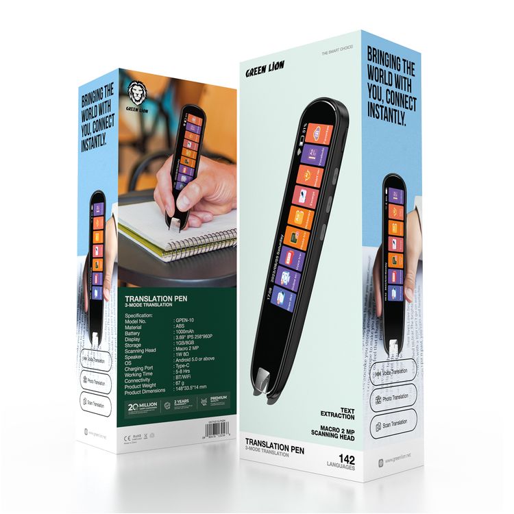 Green Lion Translation Pen with Touch Screen Interface, Photo, Voice & Scan Translation Capability, Bluetooth & Wi-Fi Connectivity, Dictionary & Vocabulary Access, Smart Recording, OCR Technology, Up to 8 Hours Working Time, 142 Languages Supported, Type-C Charging Port - Black