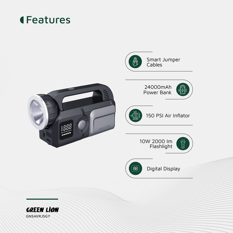 منقذ الأسد الأخضر مشغل بدء التشغيل 12V بسعة بطارية 24000 مللي أمبير، مصباح يد بقدرة 10 واط و2000 لومن، منفذي USB-A، منفذ Type-C، حماية متعددة، سيارات البنزين ذات المحرك 12V/8L - رمادي