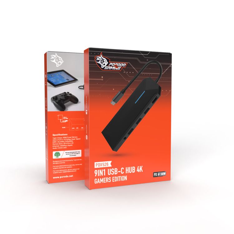 Porodo Gaming 9-in-1 USB-C Hub 4K Gamers Edition with SD & Micro SD Slots, 4K HDMI Output, RJ45 1000 Mbps, 3.5mm Audio Jack, 100W PD, V3 USB-A Port, Lightweight & Portable - Black