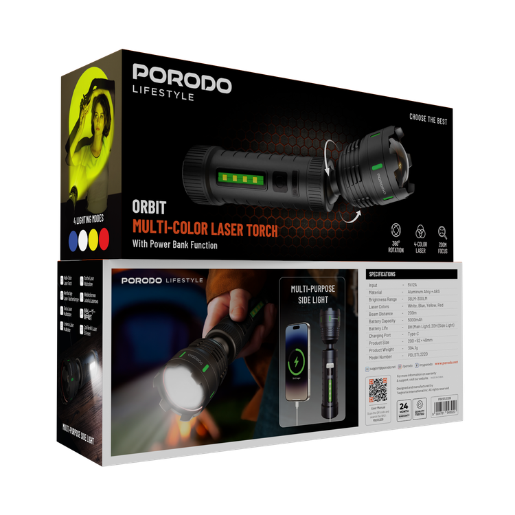 Porodo Lifestyle Orbit Multi-Color Laser Torch with 5000mAh Power Bank Function, 4 Light Modes, 8 Hours Main Light & 20 Hours Side Light Battery Life, 200m Beam Distance, 38-300 Lumens Brightness Range, Multi-Purpose Side Light, 360° Rotation, Zoom Focus - Black