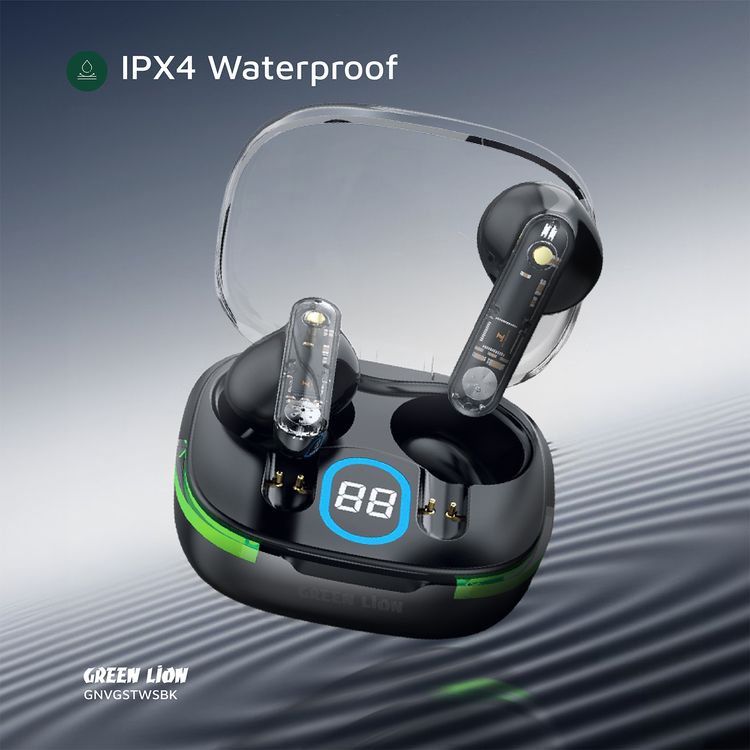 Green Lion Vegas True Wireless Earbuds with Breathing Lights, IPX4 Waterproof Level, Digital Display, HiFi Sound, Dual-Mic, Touch Control, 4 Hours Playtime - Black