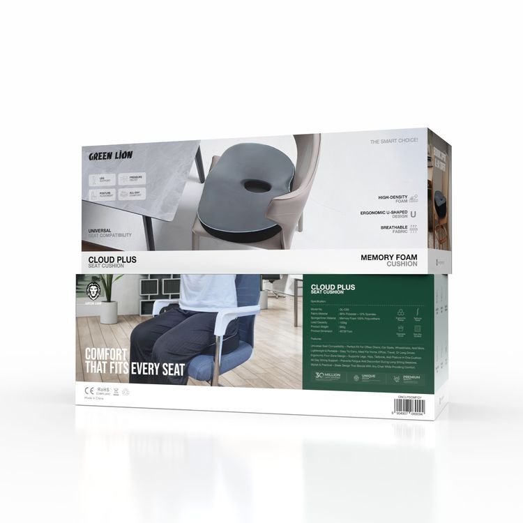 Green Lion Cloud Plus Seat Cushion with All-Day Sitting Comfort, Lower Back Support, Posture Alighment, High-Density Foam, Non-Slip Surface, Washable Cover, Leg Support, 100 kg Load Capacity, Ergonomic U-Shaped Design - Gray