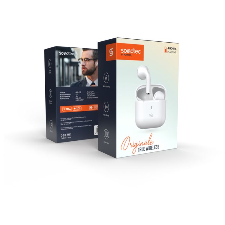 Porodo Soundtec Originale True Wireless with Ergonamic Design, Toch Controls, Auto Pairing, Deep Bass, HiFi Audio, 4 Hours Playtime, 10m Bluetooth Range - white