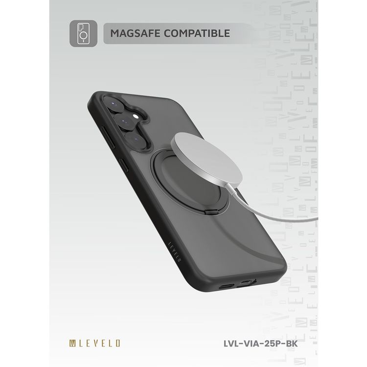 حافظة ليفيلو فيا مع حامل حلقي 360 درجة لهاتف سامسونج جالاكسي S25 بلس، توافق مع MagSafe، مادة هجينة مع لمسة نهائية من مادة TPU غير اللامعة - أسود