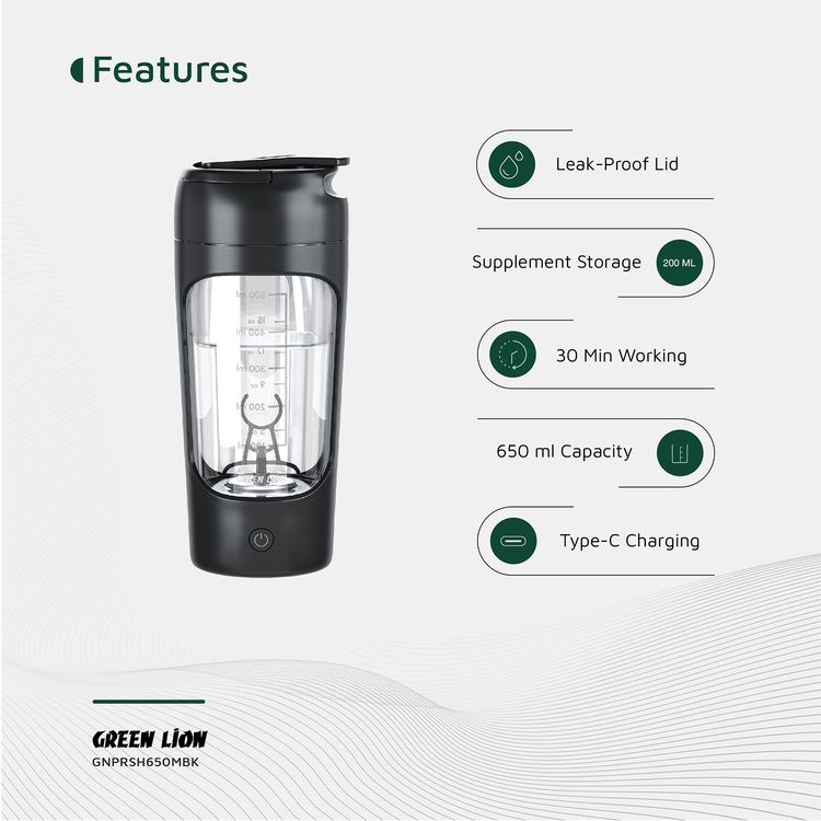 Green Lion Protein Mixer with 650mL Capacity, 1200mAh Battery Capacity, Tritan + ABS + PP Material, Type-C Charging Port,  2.5 Hours Charging Time, 30 Minutes Working Time - Black