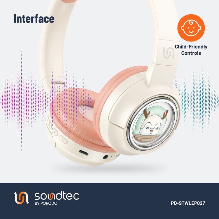 Porodo Soundtec Moose Wireless Kids Headphone, V5.3 Bluetooth, 2H Charging Time, 40mm Speaker Size, 20H Play Time, LED Lights, 400mAh - Pink 