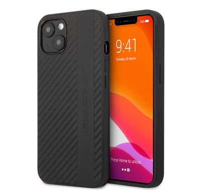 CG MOBILE AMG PC/TPU Case with PU Carbon Effect Gray Leather Stripe & Hot Stamped Logo Compatible for iPhone 13 Pro Max (6.7") Easy Access to All Ports, Shock-Absorption, Anti-Scratch, & Drop Protection Back Cover Suitable with Wireless Charging Officially Licensed