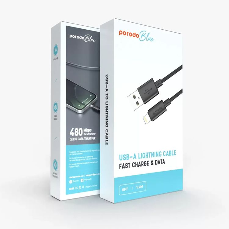 Porodo Blue USB-A to Lightning Charging Cable with 480Mbps Data Transfer, 3A Fast Charge, Flexible Material, Universal Compatibility - Black 
