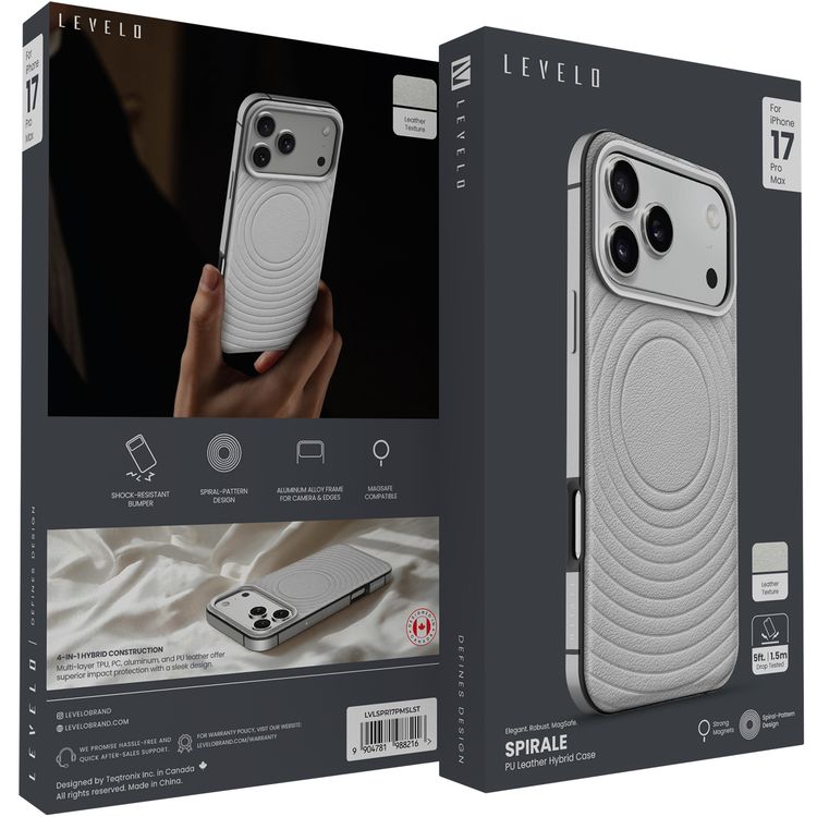 Levelo Spirale PU Leather Hybrid Case for iPhone 17 Pro Max, MagSafe Compatible & Strong Magnets, Impact-Resistant, Shock-Resistant Bumper, Aluminum Alloy Frame for Camera & Edges, Drop-Tested - Silverstone