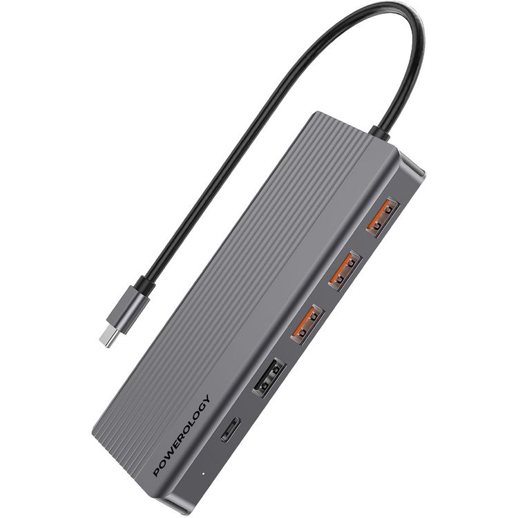 Powerology 13-in-1 USB-C Hub, 4K, HDMI, Type-C, 100W PD, Ethernet, USB SD MicroSD, 3.5 AUX - Gray