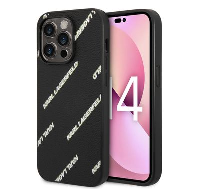 Karl Lagerfeld Grained PU Leather Case with Logomania Pattern iPhone 14 Pro Max Compatibility - Black