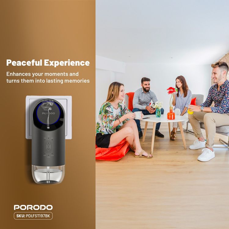 Porodo Wall Plug-in Essential Oil Diffuser with Customizable Mist Intervals, 120mL Capacity, 200-250m³ Coverage Area, 60s, 180s & 360s Timer Settings, Refill Indicator Light, Waterless Diffusion - Black