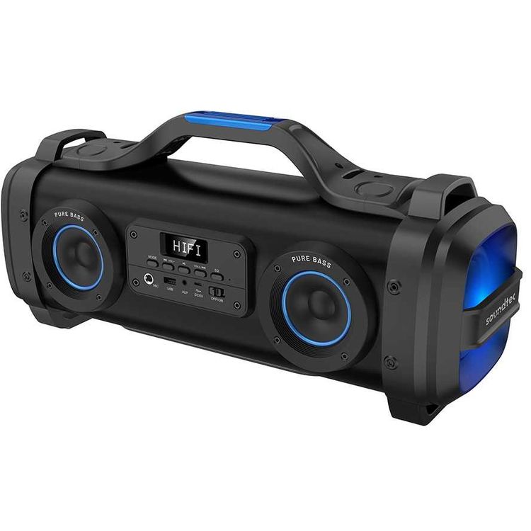 Porodo Soundtec Pure Bass Portable Wireless Bluetooth Party Speaker with Classic Handle - Built-in Rechargeable Battery 4400mAh - USB disk/FM Radio/AUX/Bass & Concert Mode - Black