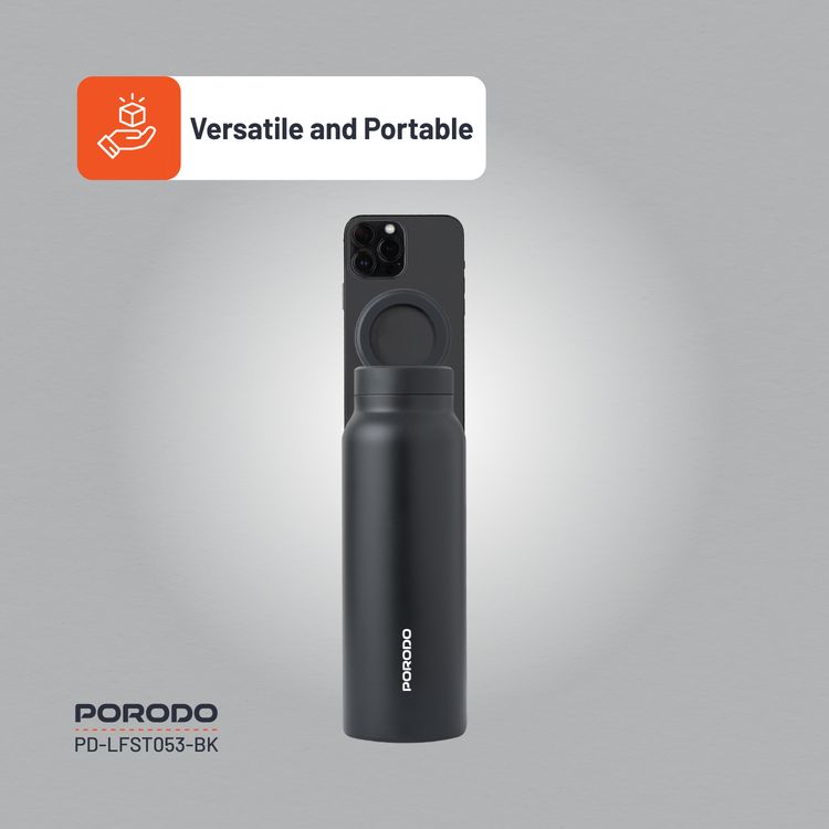 Porodo Magnetic Mount Water Bottle with Strong Magnetic Hold, Stainless Steel Material, Double-Wall Insulation, Versatile and Portable, Strong Magnetic Hold, Works with MagSafe, Wide Round Mouth - Black 