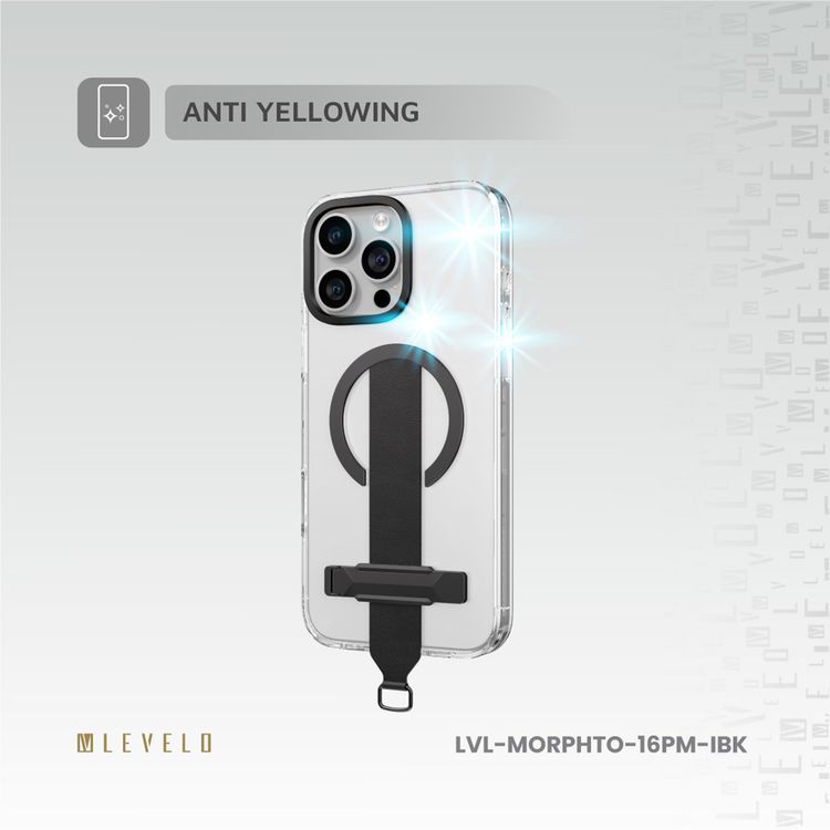Levelo Morphix Trio Case for iPhone 16 Pro Max with Built-in Kickstand, Metal Camera Edge, MagSafe Compatible, Impact-Resistant Corners, Grip Strap & Metal Hook, Anti Yellowing - Ink Black