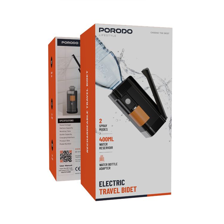 Porodo Electric Travel Bidet with Dual Spray Modes, 1100mAh Battery, Up to 85 Minutes Working Time, 400mL Bottle Capacity, 180° Adjustable Nozzle, USB-C Charging Port - Black