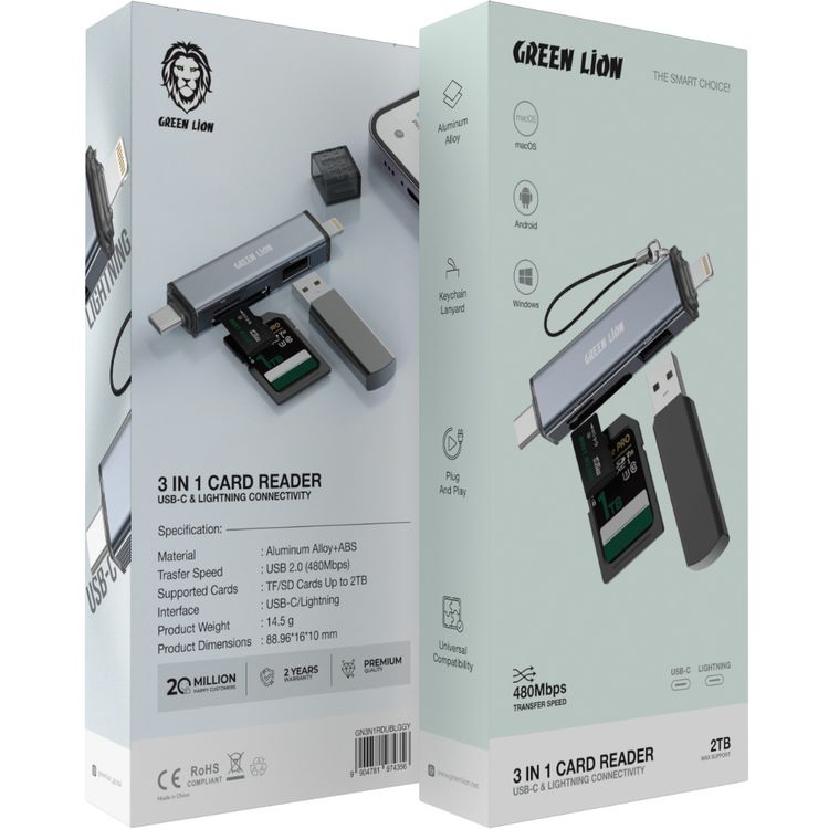 Green Lion 3-in-1 Card Reader with USB-C & Lightning Connectivity, Keychain Lanyard, Aluminum Alloy Material, Plug & Play, Universal Compatibility, 480Mbps Transfer Speed - Gray