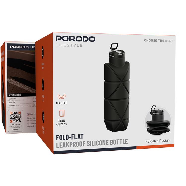 Porodo Fold-Flat Leakproof Silicone Bottle with 700mL Capacity, Foldable Design, BPA-Free, Food-Grade Material, Compact & Lightweight - Black