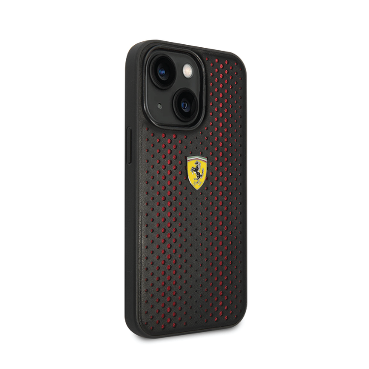 Ferrari PU Leather Perforated Case with Nylon Base & Yellow Shield Logo iPhone 14 Plus Compatibility - Red