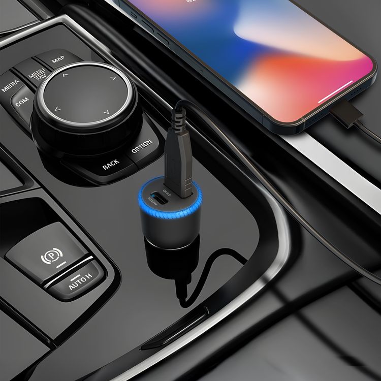 Porodo Blue Graz Dual USB Car Charger with Indicator Light, PD 27W, QC 18W, Auto-Off Function, Simultaneous Charging, 12-24V Input Voltage - Black