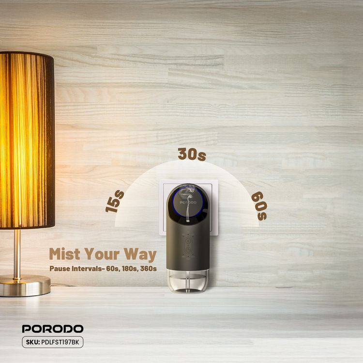 Porodo Wall Plug-in Essential Oil Diffuser with Customizable Mist Intervals, 120mL Capacity, 200-250m³ Coverage Area, 60s, 180s & 360s Timer Settings, Refill Indicator Light, Waterless Diffusion - Black