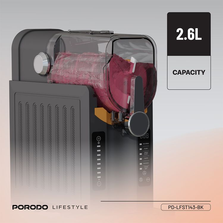 Porodo Lifestyle Multifunction Slushie Maker with 2.6L Capacity, 200W Rated Power, 220-240V Rated Voltage, 50Hz Rated Frequency, 3-Pin UK Plug, Instant Frozen Drinks, Intuitive Controls, Efficient Blending - Black