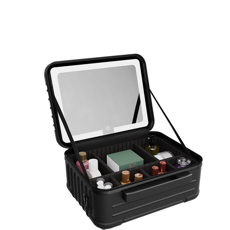 Porodo Lifestyle Travel Makeup Bag with Detachable 12-inch LED Mirror, 3 Light Modes, Multiple Compartments, 51 LED Beads, 3000mAh Battery Capacity, 6000~6500K Color Temperature, USB-C Charging Interface, ABS Material - Black
