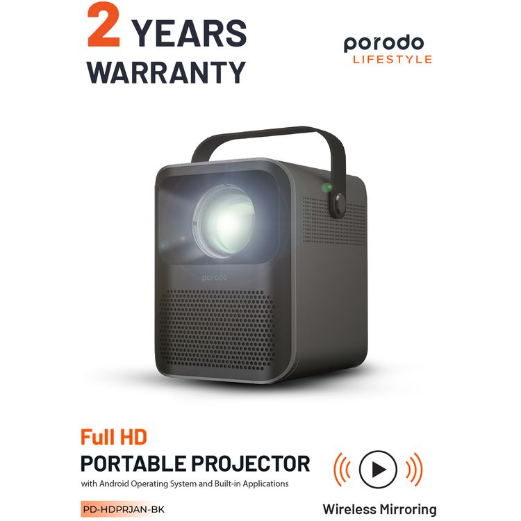Porodo Full HD Portable Projector with 1920x1080 pixels Resolution, 3000 Lumens, 16:9, 4:3 Aspect Ratio, 45W Power, AC 100V-240V 50/60Hz, 3.5mm AUX, USB, HDMI Ports - Black