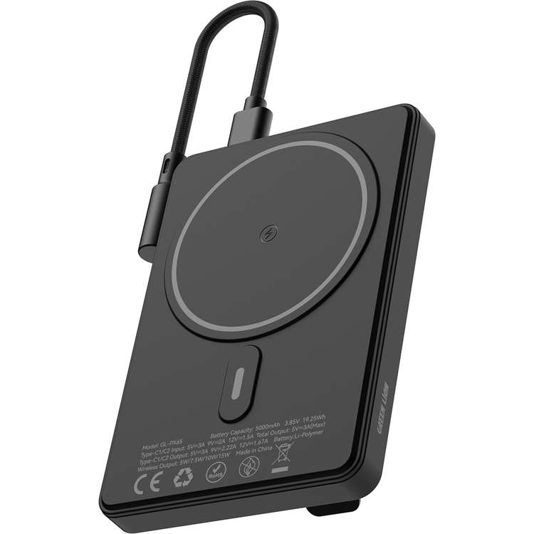 Green Lion Vita 5000mAh Power Bank with Safety Protections, Durable Braided Cable, Strong Magnets, Detachable Type-C Cable, Built-in Stand, MagSafe Compatibility, Ultra-Slim Design - Black