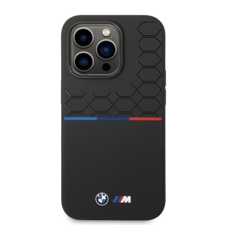 BMW M Collection Liquid Silicone Case Printed UV Varnish Pattern Tricolor Line & Logo iPhone 14 Pro Compatibility - Black