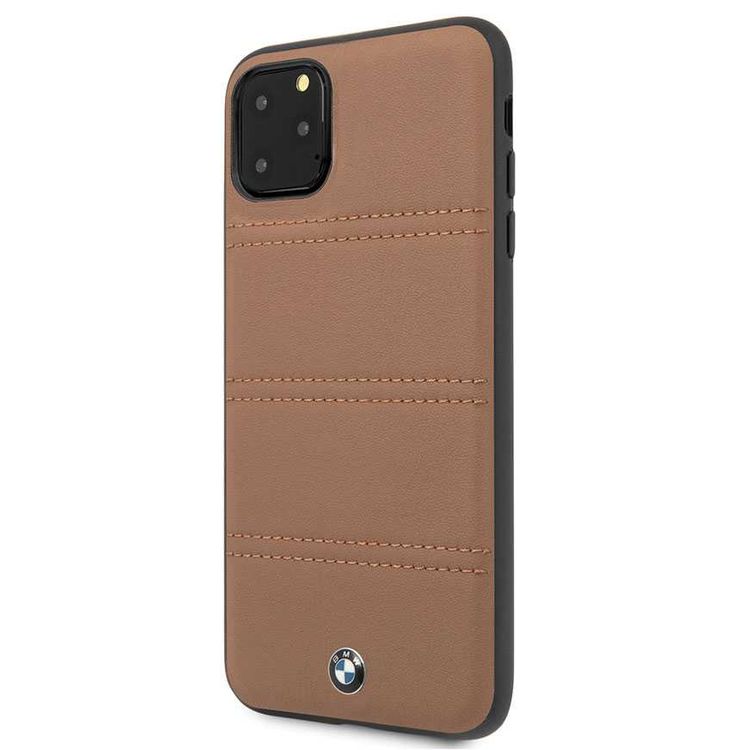 BMW Hard Case Leather Horizontal Lines Compatible w/ iPhone 11 Pro, Complete Protection, Easy Access to All Ports, Raised Edge to Protect Camera - Camel