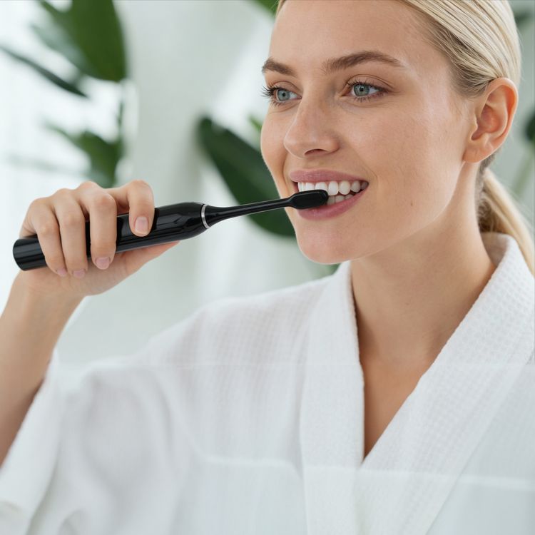 Porodo Blue Electric Toothbrush with Memory Function, 6 Cleaning Modes, 30 Days Battery Life, 500mAh Battery Capacity, 40000 Stroke/Minute Vibration Frequency, Replaceable Heads, Low-Noise Operation - Black