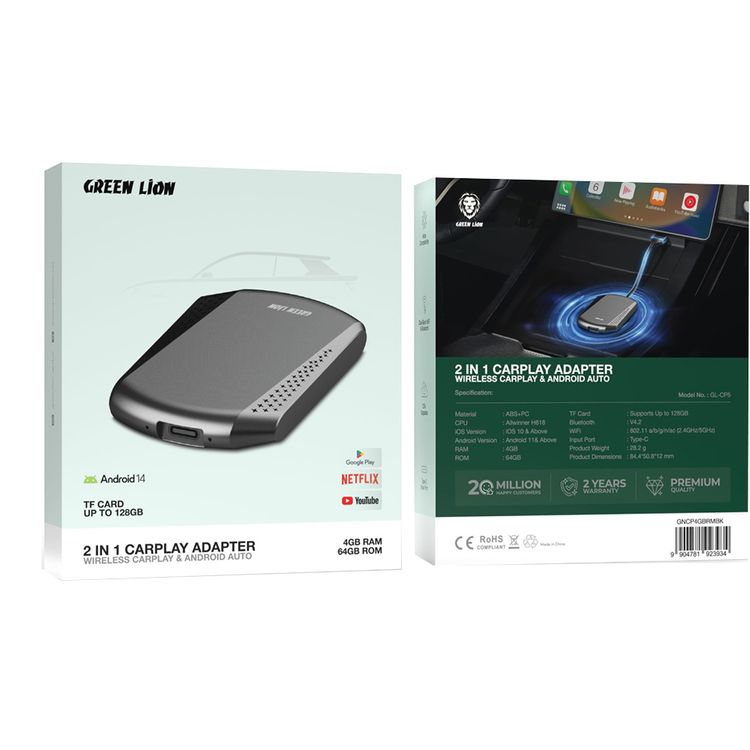 أدابتور جرين ليون 2 في 1 كار بلاي مع منفذ إدخال نوع-C، لاسلكي وAndroid Auto، واي فاي مزدوج النطاق وبلوتوث، توافق واسع، ذاكرة وصول عشوائي 4 جيجابايت، ذاكرة تخزين 64 جيجابايت - أسود