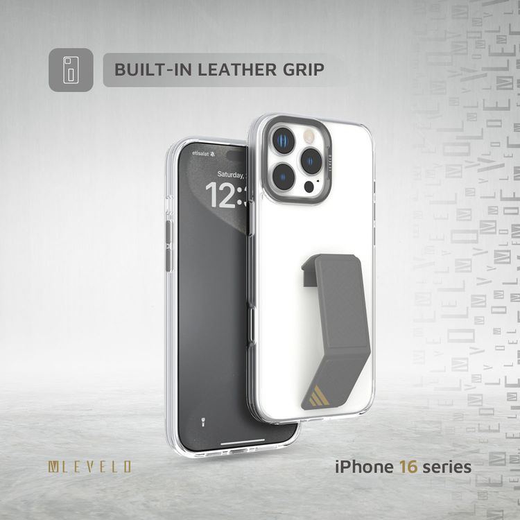 Levelo Morphix Clara Case for iPhone 16 Pro, Hybrid Material, Impact-Resistant Corners, Built-in Leather Grip, Metal Camera Ring - Gray