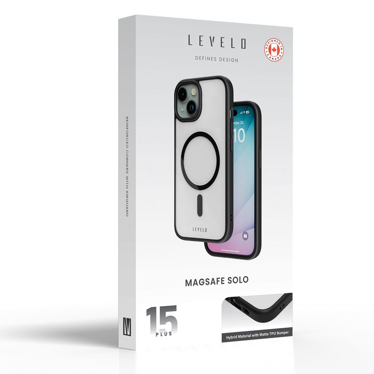 Levelo MagSafe Solo Case for iPhone 15 Plus, Hybrid Material with Matte TPU Bumper, Camera Protection, Reinforced Corners with Airguard, Shock-Proof Edges, Anti-Scratch - Black