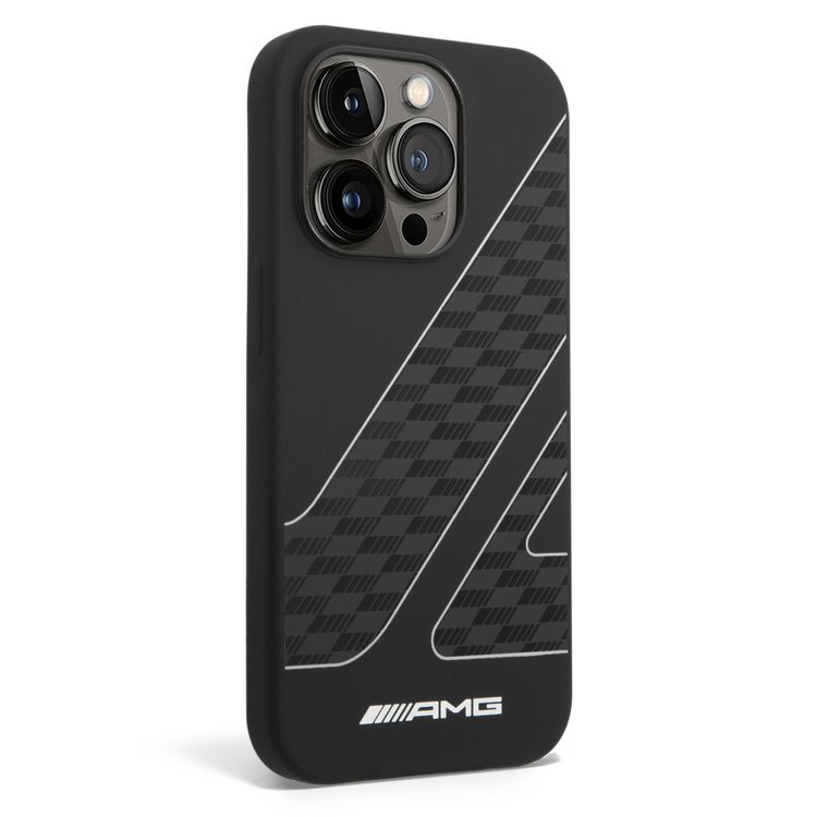 جراب من السيليكون السائل من Amg بنمط علم مربعات - آيفون 14 برو - أسود / أبيض