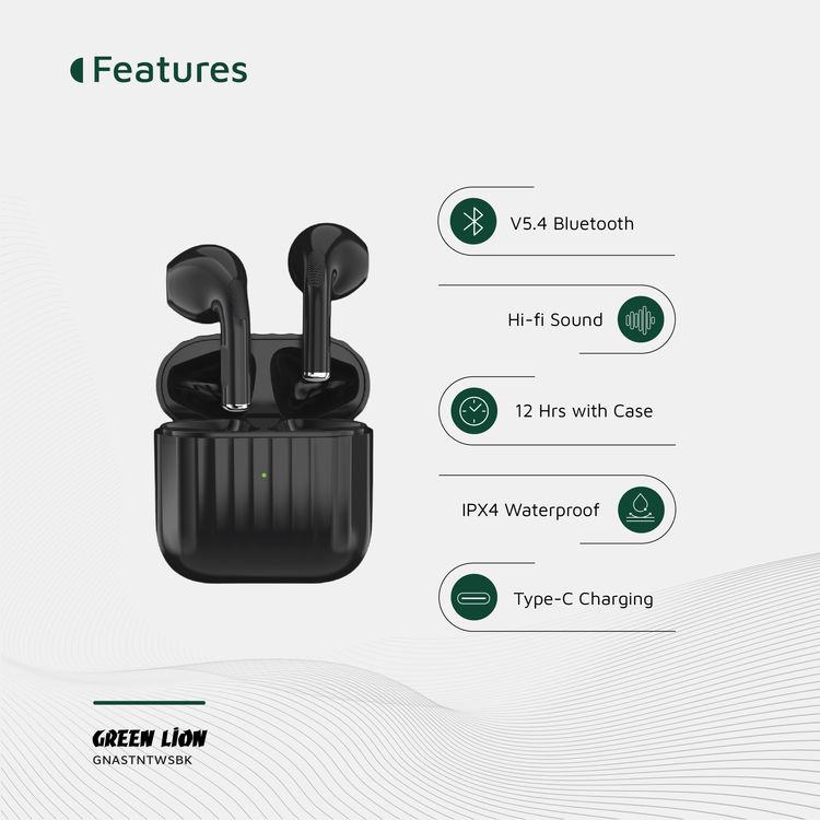 Green Lion Austin True Wireless Earbuds with Built-in Microphone, HiFi Sound, Dual-Mic, Touch Control, Voice Assistant, Type-C Charging, 3 Hours Playtime - Black