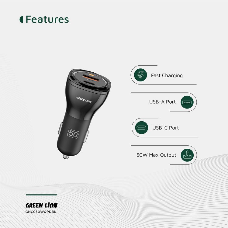 Green Lion Dual Port Car Charger with PC Flame Retardant Material, Fast Charging, QC 20W & PD 30W Output Ports, Ultra Portable - Black