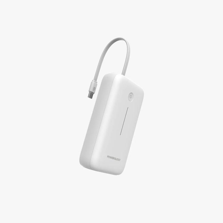 Powerology 20000mAh Power Bank with Detachable USB-C Wire, 30W Power Delivery, 3-Device Charging, Long Time Standby, Universal Phone Compatibility, Built-in Safeguards - White