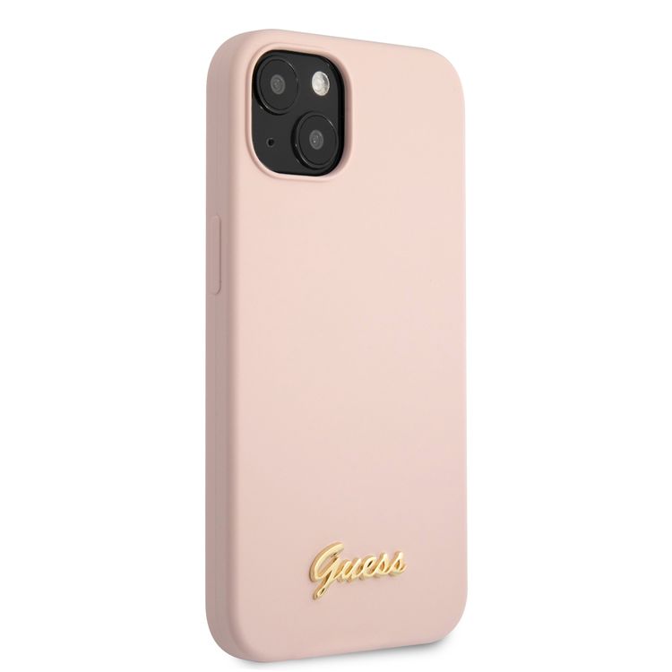 CG MOBILE Guess Liquid Silicone Case with Gold Metal Logo Script Compatible for iPhone 13 mini (5.4") Anti-Scratch, Easy Access to All Ports, Shock Absorption