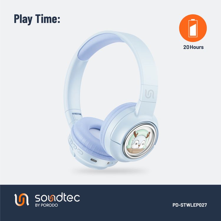 Porodo Soundtec Moose Wireless Kids Headphone, V5.3 Bluetooth, 2H Charging Time, 40mm Speaker Size, 20H Play Time, LED Lights, 400mAh - Blue